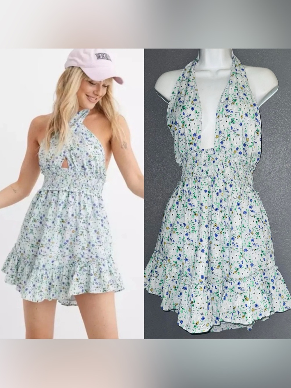 Aerie New w $59 Tags Blue Floral Mini Halter Sundress Dress Womens Small